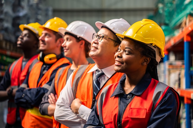 Portrait group of diverse industry worker working in factory warehouse. Young industrial engineer people process orders and product together at manufacturing plant then crossing arm with confidence.